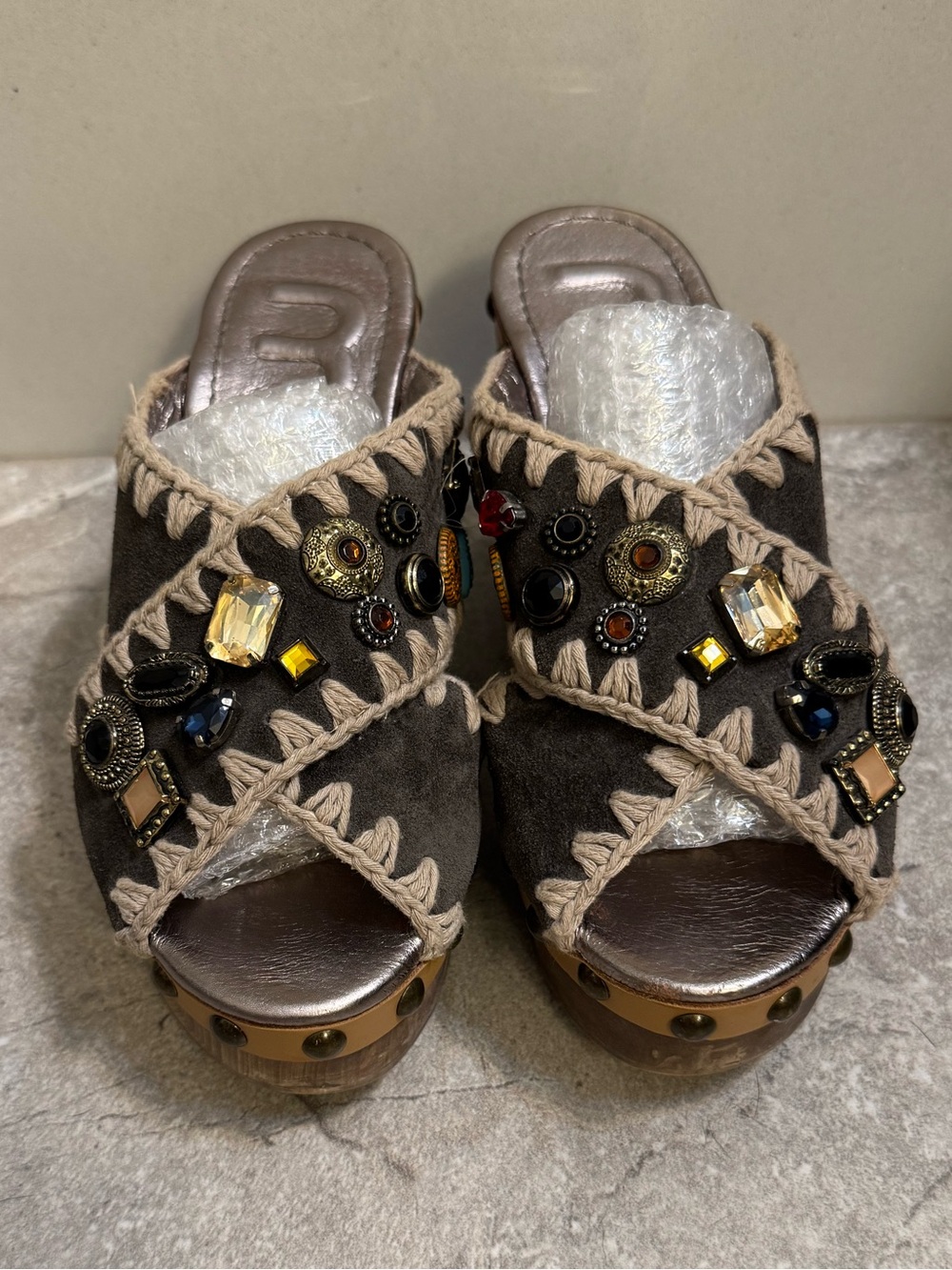 MOU Embellished Brown Suede Cross-Strap Platform Sandals